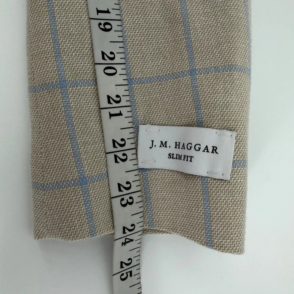 J.M. Haggar Sport Coat Mens 40S Tan Blue Windowpane Slim Cotton Blazer HJ80054